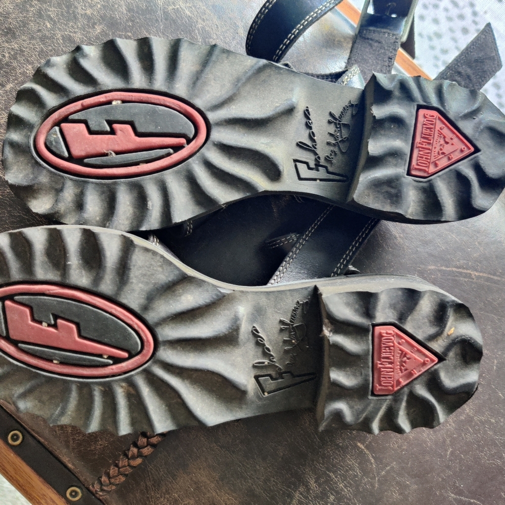 Black Leather Fluevog Sandals Size 6 - Picture 3 of 5